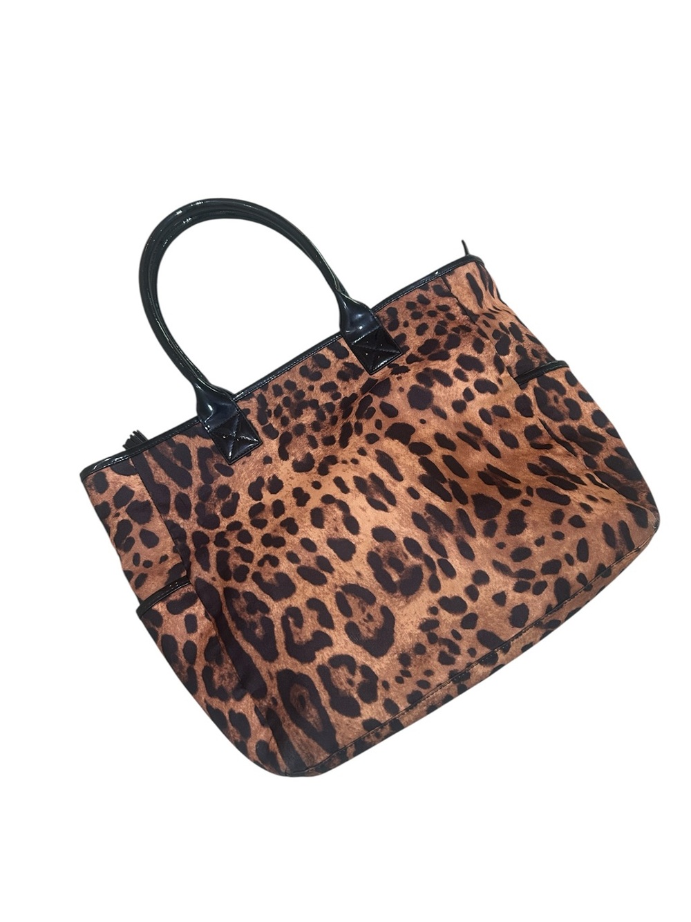 Nwot toss designs Leopard-Print shoulder Tote Black Patent Handles tassel pulls